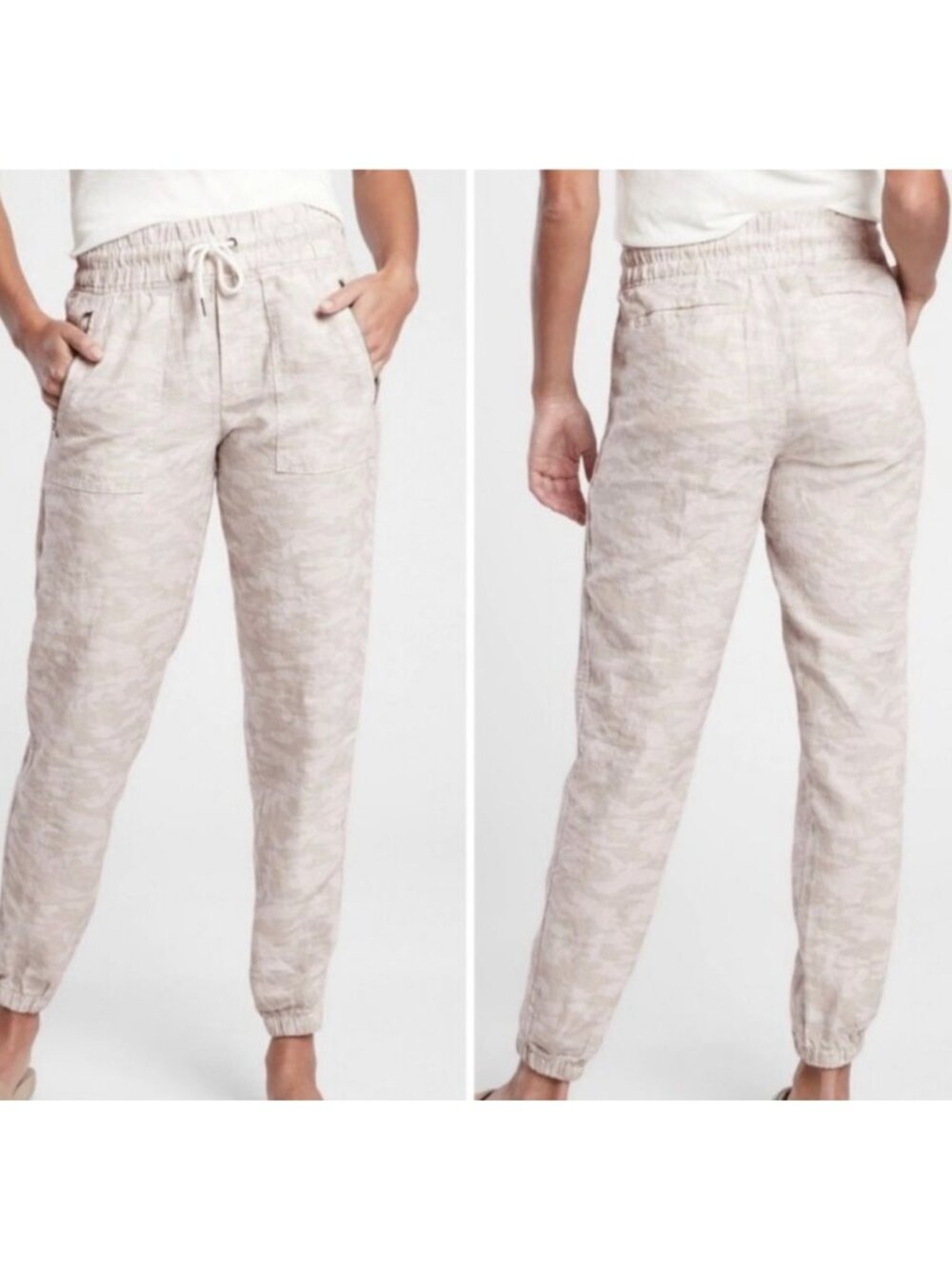ATHLETA Gray Camouflage Cabo Tide Linen Zip-Pocket Jogger Cuff Athleisure Pants